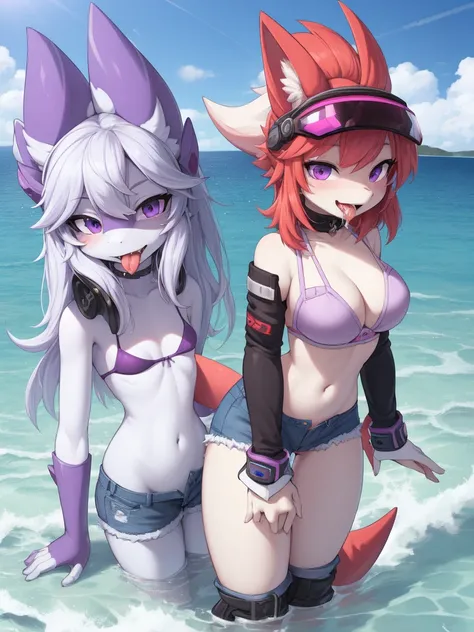 ((best quality, Masterpiece, Complete anatomy, Detailed pictures)), 1 female, arctic protogen, shark girl, Long visor, purple visor, purple eyes, sexy body, Big Pong, Chest 87, Waist 57, Thigh 86, naked, Shark tail, red red, shy, in the sea, Denim short, w...