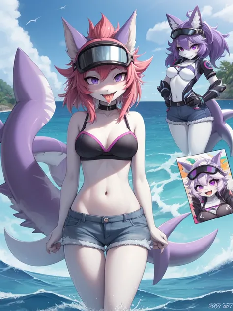 ((best quality, Masterpiece, Complete anatomy, Detailed pictures)), 1 female, arctic protogen, shark girl, Long visor, purple visor, purple eyes, sexy body, Big Pong, Chest 87, Waist 57, Thigh 86, naked, Shark tail, red red, shy, in the sea, Denim short, w...