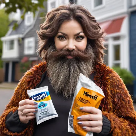 extremely bearded shaggy and hairy woman, hold a packet of minoxidil kirkland in her hands