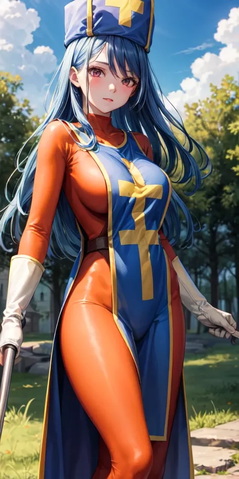 (masterpiece, best quality:1.1), priest (dq3), 1girl, solo, long hair, blue hair, red eyes, mitre, tabard, cross print, orange bodysuit, elbow gloves, large breasts, holding, staff, nature, blue sky, cowboy shot, 