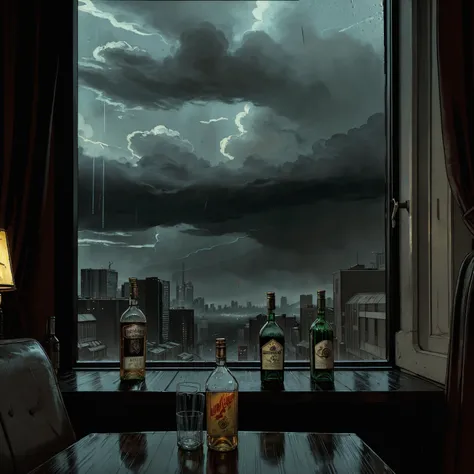 (masterpiece), (dark clouds), (cyberpunk living room), (indoor), (window), (rainy weather), (cyberpunk city), (realistic illustration), (cinematic), (looking out the window), (liquor bottle on table)