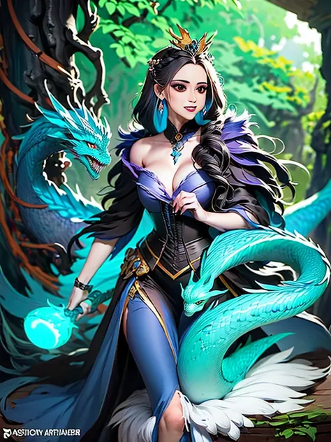 a woman in a black dress holding a sword and a blue and white dragon, concept art by Yang J, pixiv, fantasy art, beautiful celestial mage, fantasy art style, ((a beautiful fantasy empress)), dark witch character, /! the sorceress, arcane art style, discord...