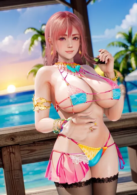 Honoka, Pink bikini ，Super short pleated skirt, bracelet，ring, university student，Pink Hair，Huge breasts，Cleavage，Low-cut，miniskirt，pantyhose，cute，necklace，earrings，beach，drinks，lemon，Sunset，Lace，shy，Ice cream，orange juice