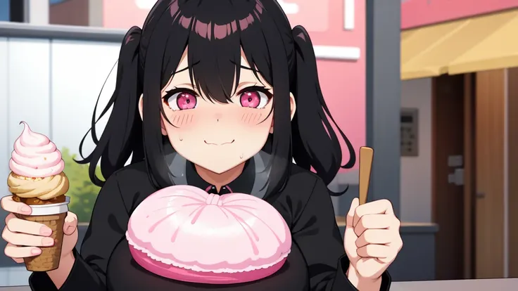 One girl,Black Hair,Pink eyes,(blush:1.1)、Embarrassed face、 ((Heavy breathing:1.3)), like,  smile、Big Breasts、whole body,Im eating ice cream