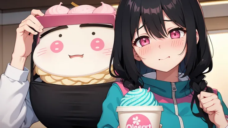 One girl,Black Hair,Pink eyes,(blush:1.1)、Embarrassed face、 ((Heavy breathing:1.3)), like,  smile、Big Breasts、whole body,Im eating ice cream