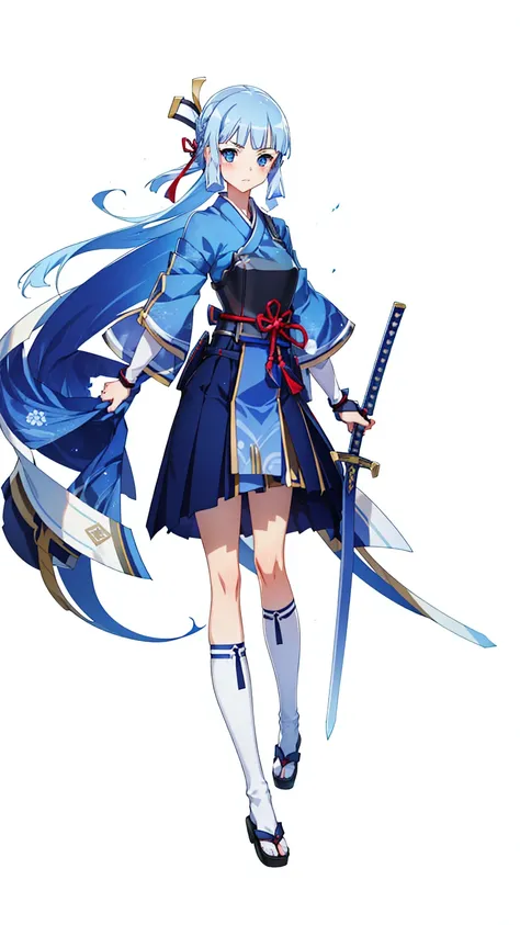 view the viewer, 1 girl,  highest quality, blue hair, blue eyes, japanese style armor, sword in hand, electricity, kamisato ayak...