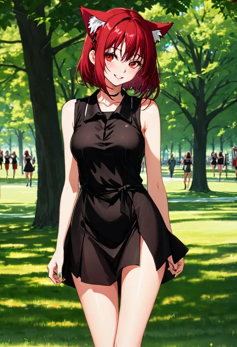 ((High Quality image 10k)) (( perfect autonomy)) Masterpiece, solo girl, brown eyes, red hair, wearing sleeveless black shirt, naked Bottom, pussy focus, pussy juice coming From pussy,  sexy legs, evil smug grin, barefoot, Standing, in the park 