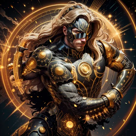 A muscled young beauty man wearing dark gray latex with brilliant yellow hologram ancient unknown characters projected by the suit on the air around him. He has a very long blonde and golden hair. Ultrarealistic Art in 4k. He IS running on a speed light an...