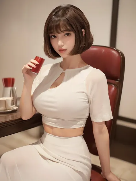 (((White short sleeve elegant blouse、Red long skirt、Drinking tea from a white cup))),(((Apartment room、Sitting in a chair、Anxious expression)))Mid-length bob cut hair:1.9. Very large breasts:1.6、(((1 Female:1.3))), (((Brown Hair:1.3. Wavy Hair:1.6. Bob Cut...