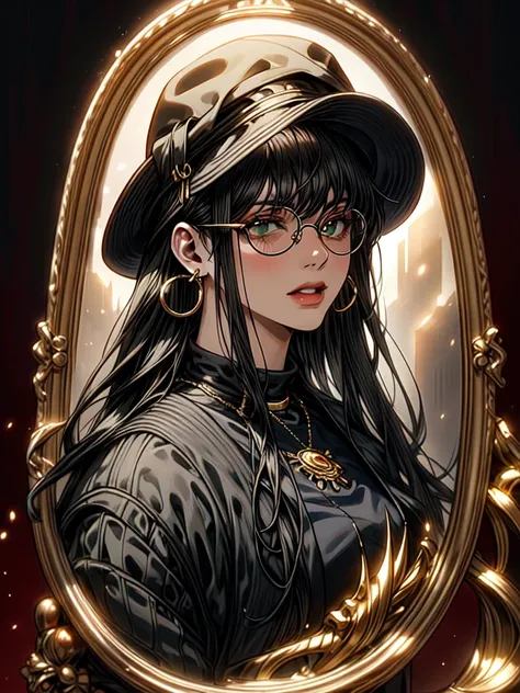 a young woman with long black hair, green eyes, round glasses, black hat with golden detail, gold hoop earrings, detailed facial features, elegant, portrait, cinematic lighting, dramatic colors, highly detailed, 4k, photorealistic, digital painting