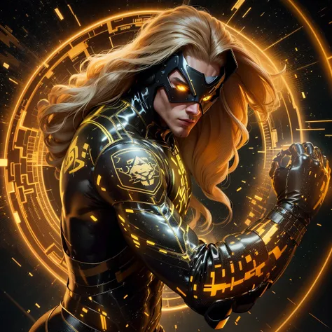 A muscled young beauty man wearing dark gray latex with brilliant yellow hologram ancient unknown characters projected by the suit on the air around him. He has a very long blonde and golden hair. Ultrarealistic Art in 4k. He IS running on a speed light an...