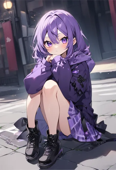 Keito。Purple Eyes。Purple Hair。Purple Skirt。Black shoes下。Black shoes。Purple hoodie