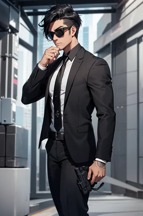 Male, tuxedo outfit, ballistic vest, black sunglasses, 27 years old, full body, black hair, hispanic, tactical belt, gun on belt, scars on face, detective