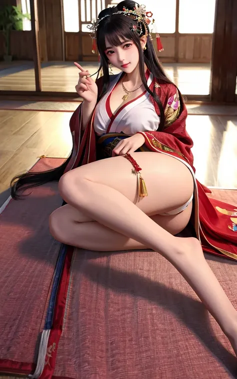 best quality,masterpiece,highres,1girl,blush,star-shaped pupils, erotic red china hanfu,chinese clothes,hair ornament,necklace,jewelry,Beautiful face,full body, Big tits and ass, seductive ahegao face, legs spread apart