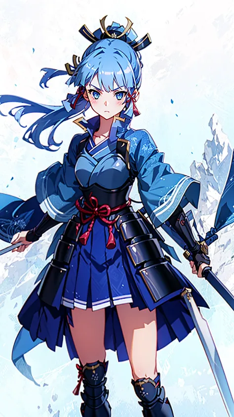 view the viewer, 1 girl,  highest quality, blue hair, blue eyes, japanese style armor, sword in hand, electricity, kamisato ayak...