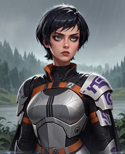 score_9,score_8_up,score_7_up,score_6_up, sabine wren ,,black hair, upper body, wet, armor,gloves,black bodysuit,black cape,belt...