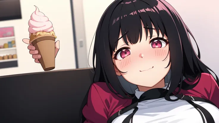 One girl,Black Hair,Pink eyes,(blush:1.1)、Embarrassed face、 ((Heavy breathing:1.3)), like,  smile、Big Breasts、whole body,Im eating ice cream,Sexy pose