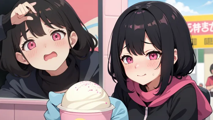 One girl,Black Hair,Pink eyes,(blush:1.1)、Embarrassed face、 ((Heavy breathing:1.3)), like,  smile、Big Breasts、whole body,Im eating ice cream