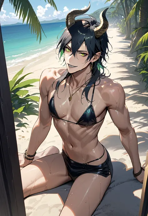 masterpiece, highres, absurdres, illustration, ((masterpiece:1.4, best quality)), (Ultra detailed background), 1boy, handsome man, highly detailed beautiful face and eyes, beautiful eyes, (sharp detail:1.3), shiny, earrings, bracelet, (wet bikini:1.3), Bar...