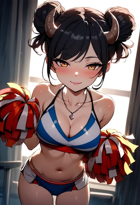 Sexy cheerleader, seductive smile, c cup , with black small demon horns, bun hairstyle, wearing necklace, 