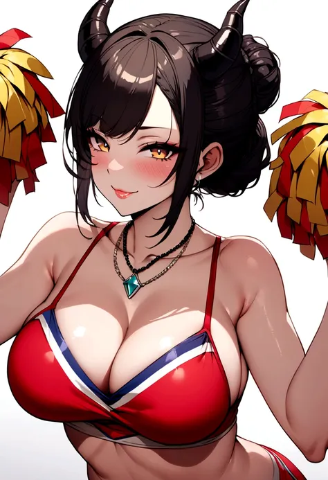 Sexy cheerleader, seductive smile, c cup , with black small demon horns, bun hairstyle, wearing necklace, 