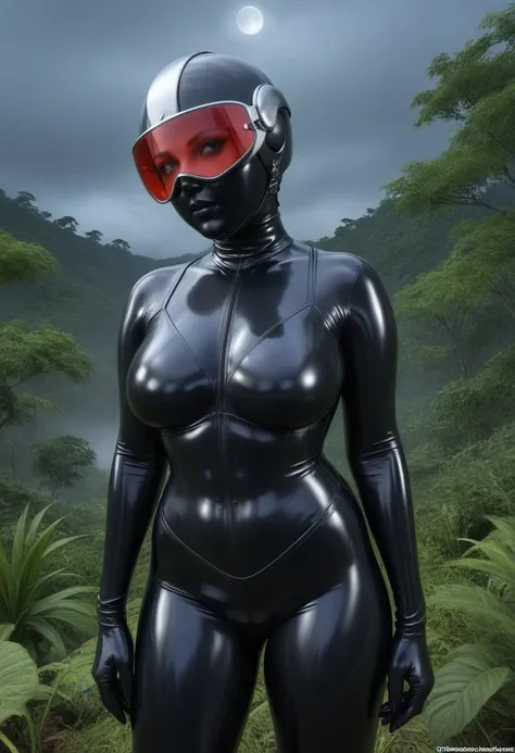 zPDXL, source_anime, BREAK slave Trilla, helmet with red translucent visor, , armor,black gloves,(tight silver bodysuit),,black pants, BREAK close-up, solo, standing, front view, medium breasts, , wide hips, BREAK x3dce, 3d, jungle background, dense vegeta...