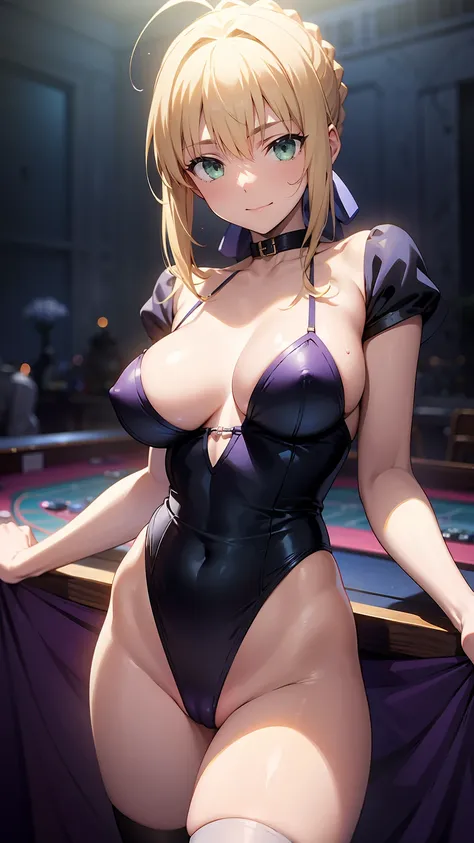 nsfw,Masterpiece、Cowboy Shot、One hand on hip、phsaber,Artoria、((Big Breasts))、(smile)、((Completely naked))、((vivid purple sexy high leg panties))、Calm expression、(((Close your mouth)))、((Inside the casino))、Shiny Skin、(Smile)、Vivid Green Eyes、Big eyes、Detai...