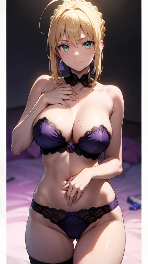 nsfw,Masterpiece、Cowboy Shot、One hand on hip、phsaber,Artoria、((Big Breasts))、(smile)、((Completely naked))、((vivid purple sexy high leg panties))、Calm expression、(((Close your mouth)))、((Inside the casino))、Shiny Skin、(Smile)、Vivid Green Eyes、Big eyes、Detai...