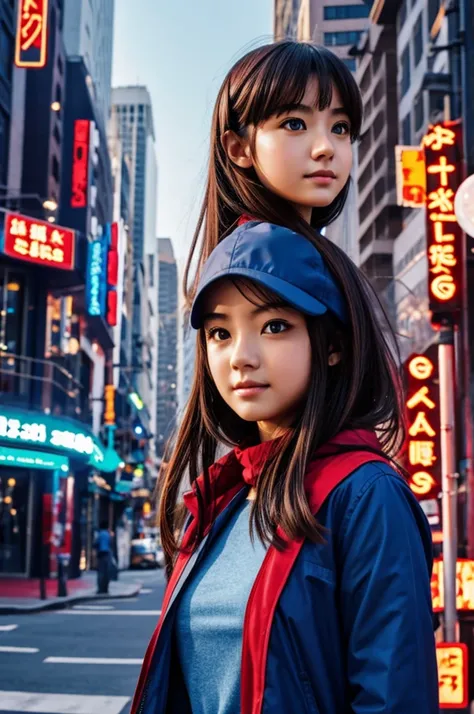 Wolf girl with glowing red eyes from anime in blue clothes with red and is in a giant city
