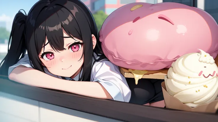 One girl,Black Hair,Pink eyes,(blush:1.1)、Embarrassed face、 ((Heavy breathing:1.3)), like,  smile、Big Breasts、whole body,Im eating ice cream