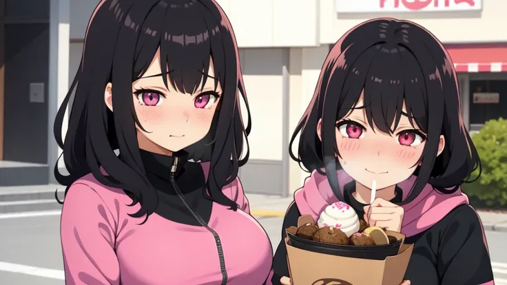 One girl,Black Hair,Pink eyes,(blush:1.1)、Embarrassed face、 ((Heavy breathing:1.3)), like,  smile、Big Breasts、whole body,Im eating ice cream