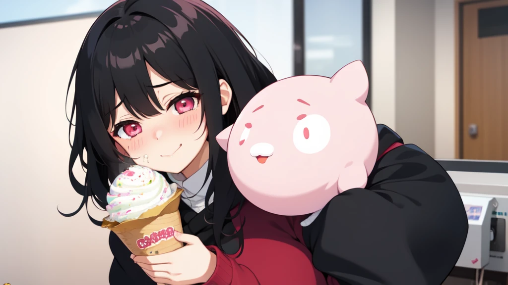 One girl,Black Hair,Pink eyes,(blush:1.1)、Embarrassed face、 ((Heavy breathing:1.3)), like,  smile、Big Breasts、whole body,Im eating ice cream