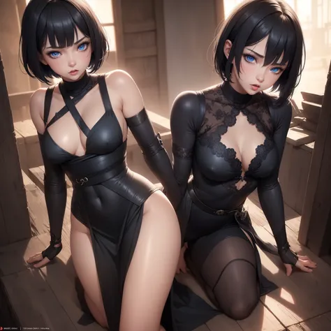 1girl!!!, short bob hair, black hair, small breasts!!, blue eyes, fair skin, anger face, sexy tight black ninja outfit, bare arms, bare legs, medieval japanese town, very sexy body, detailed face, beautiful detailed eyes, beautiful detailed lips, extremely...