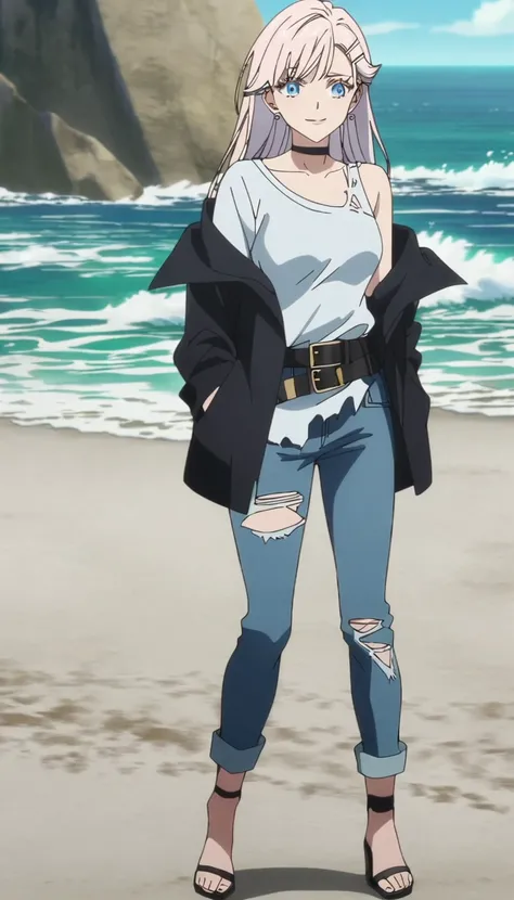 1girl, female gojo satoru, anime screencap from jujutsu kaisen, gojo satoru female version, solo, long_hair, blue eyes, ((white eyelashes)), ((white_hair)), beach view, ocean in background, breasts, upper_body, smile, swept bangs, blue_eyes, lips, (swept b...