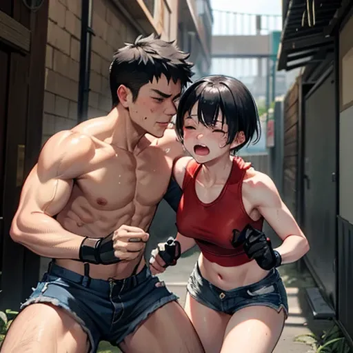 A young, cute, bloody, bruised, sweaty Japanese female street fighter and a male fighter in a back alley fighting each other. She is slamming her body against the wall and he is repeatedly smashing her face into his opponent. She has short-cut black hair. ...