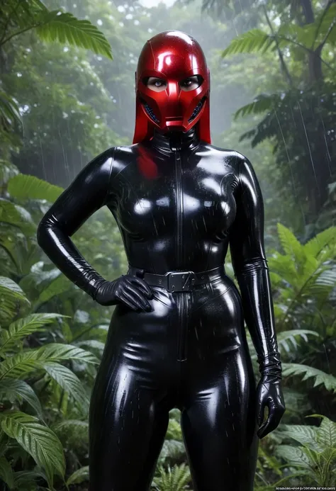 zPDXL, source_anime, BREAK Trilla, ((helmet with red translucent visor)), , armor,black gloves,tight bodysuit,,black pants, BREAK close-up, solo, standing, front view, medium breasts, , wide hips, BREAK x3dce, 3d, jungle background, dense vegetation, rain,...