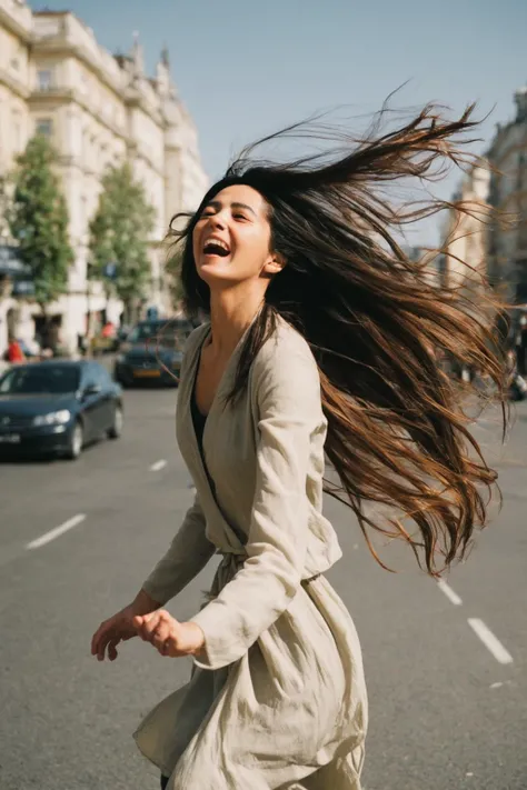 arafed woman with long hair standing on a city street, windy hair, windblown dark hair, wind in hair, windy floating hair!!, her...