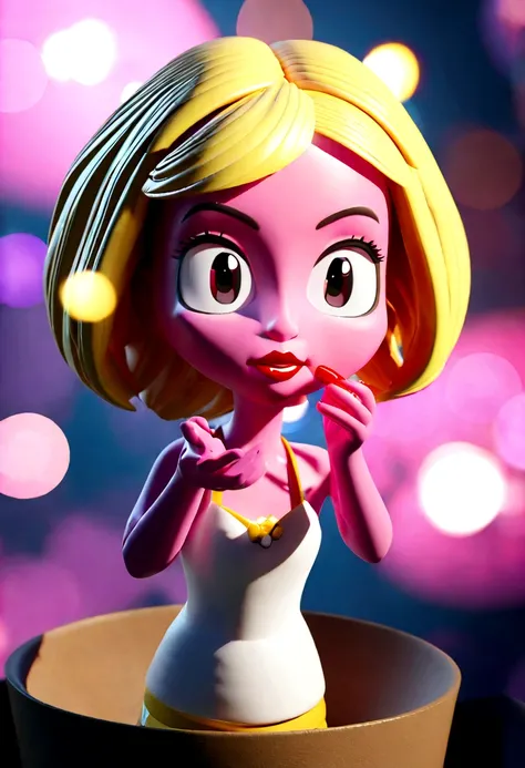 Woman cartoon character with pink skin, big and beautiful lips, applying red lipstick, bright blonde hair, holding shopping bags with "Wear. Flavia Juca" on it, animation character, fully body, stylized character, animation style rendering, 3d stylized, Ar...