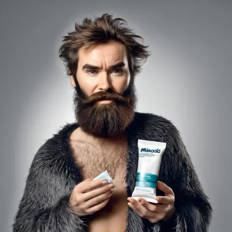 extremely bearded shaggy and hairy woman, hold a packet of minoxidil kirkland in her hands