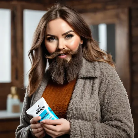 extremely bearded shaggy and hairy woman, hold a packet of minoxidil kirkland in her hands