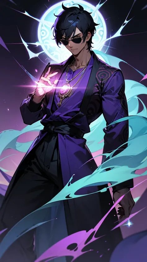 A tall, muscular man with short, black hair and purple shade sunglasses stands confidently. He is wearing a stylish, dark jacket with intricate purple patterns over a light blue shirt. He has a serious expression and a necklace with a pendant. Behind him i...