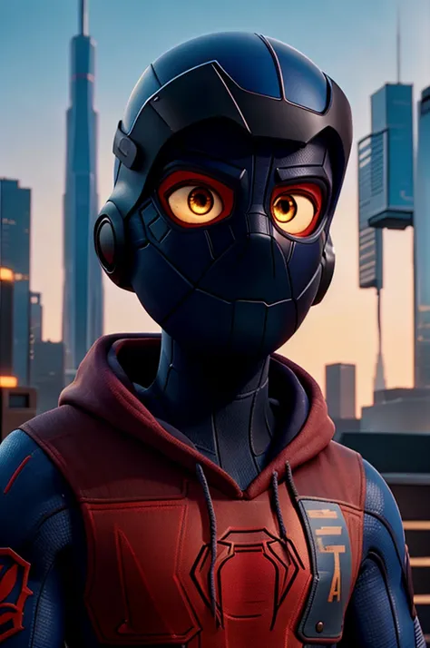 a photorealistic cyberpunk style sticker of spider-man in a futuristic mask, highly detailed facial features, dramatic lighting, neon cityscape background, realistic textures, intricate costume design, vibrant colors, cinematic composition