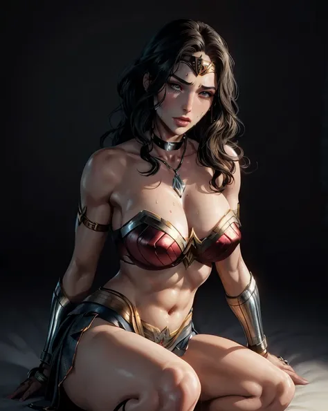 Very sexy picture, a girl, full body, 
Gal Gadot playing the city Wonder Woman, full body picture, very beautiful face, seductive eyes, Smoky makeup，Dark eye shadow，Black eyeliner，Cry，Tears washed away Smoky makeup，Painful expression, her huge breasts as b...