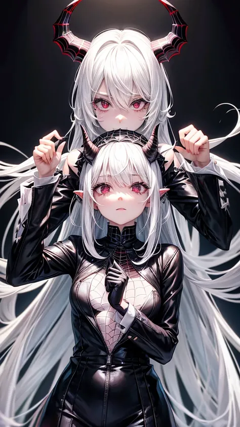 Spider girl, white hair, horns, black outfit 