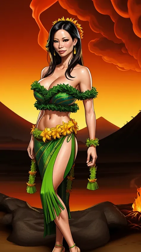 Lucy Liu wearing a grass skirt and lei lei, Hawaii, volcano
