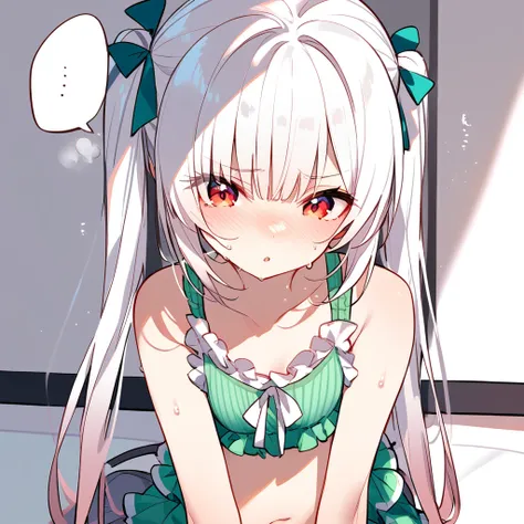 cute　Green bra　Frills　Twin tails　Tank top　White Hair　Red Eyes　A regretful look　Sweat