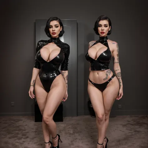 Dominatrix, skinny, heavy make-up, tatoo, cleveage, seductive pose, realistic face, woman, 30s, more tatoo, full body view, standing, diamond jewelry, perfect face, realistic, more realistic, milf, medium length hair, big round ass, short hair, huge fake l...