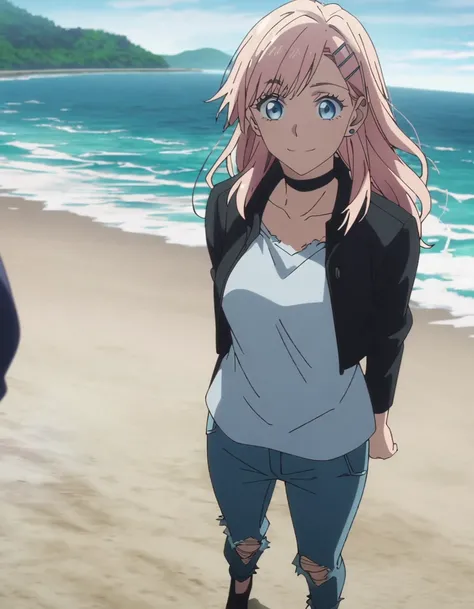 1girl, female gojo satoru, anime screencap from jujutsu kaisen, gojo satoru female version, solo, long_hair, blue eyes, ((white eyelashes)), ((white_hair)), beach view, ocean in background, breasts, upper_body, smile, swept bangs, blue_eyes, lips, (swept b...