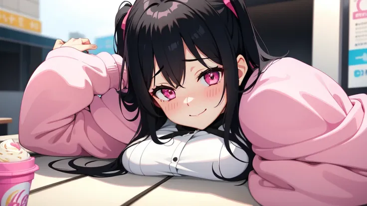 One girl,Black Hair,Pink eyes,(blush:1.1)、Embarrassed face、 ((Heavy breathing:1.3)), like,  smile、Big Breasts、whole body,Im eating ice cream,Sexy pose