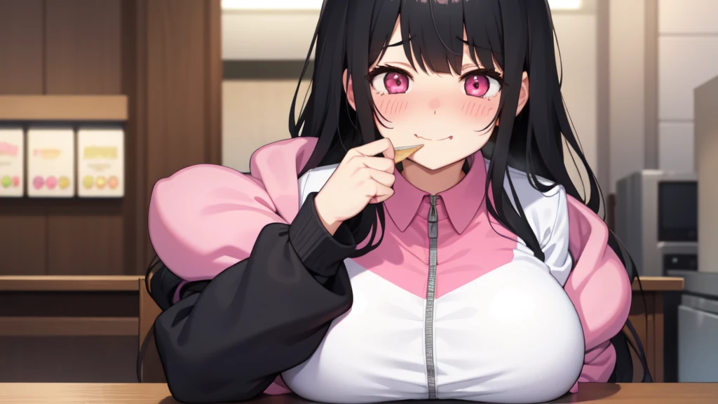 One girl,Black Hair,Pink eyes,(blush:1.1)、Embarrassed face、 ((Heavy breathing:1.3)), like,  smile、Big Breasts、whole body,Im eating ice cream